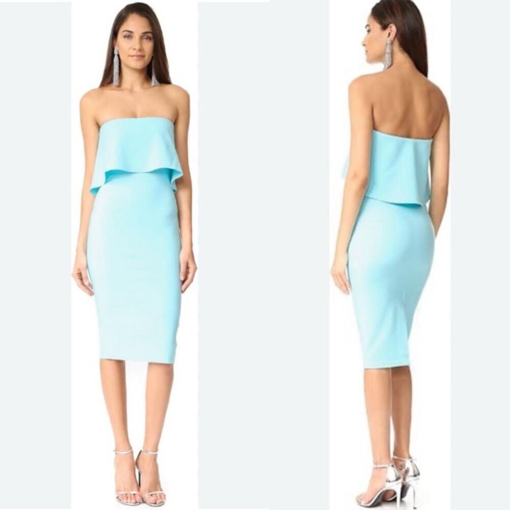 Likely Strapless One Sleeve Driggs Midi Dress Turquoise Aqua Blue size 8